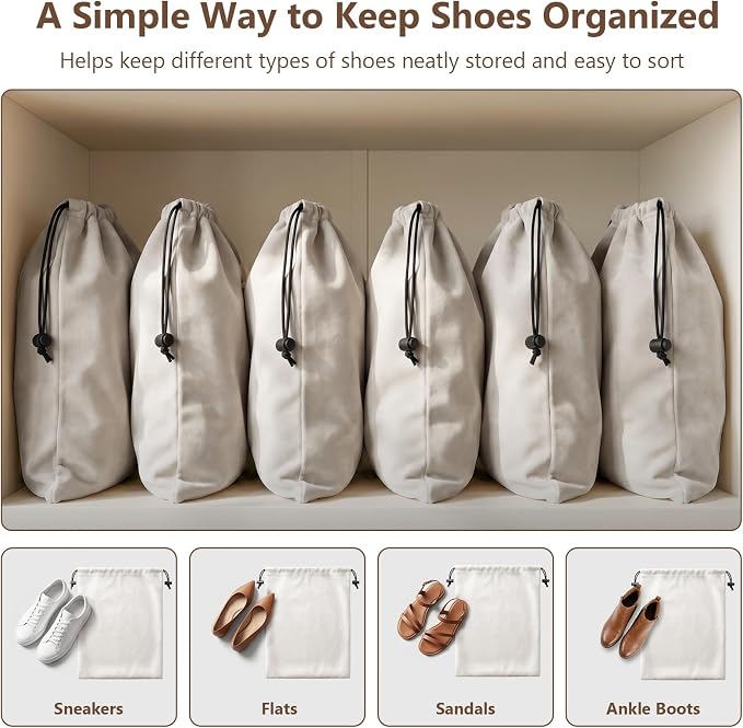 Upgraded Shoe Bags for Travel, 6 Pack Soft Flannel/Cloth/Fabric | Large 17.7 x 13.8 Inches | Fits One Pair of Shoes up to Men's US Size 13 | Washable & Reusable | Ideal for Suitcase Packing
