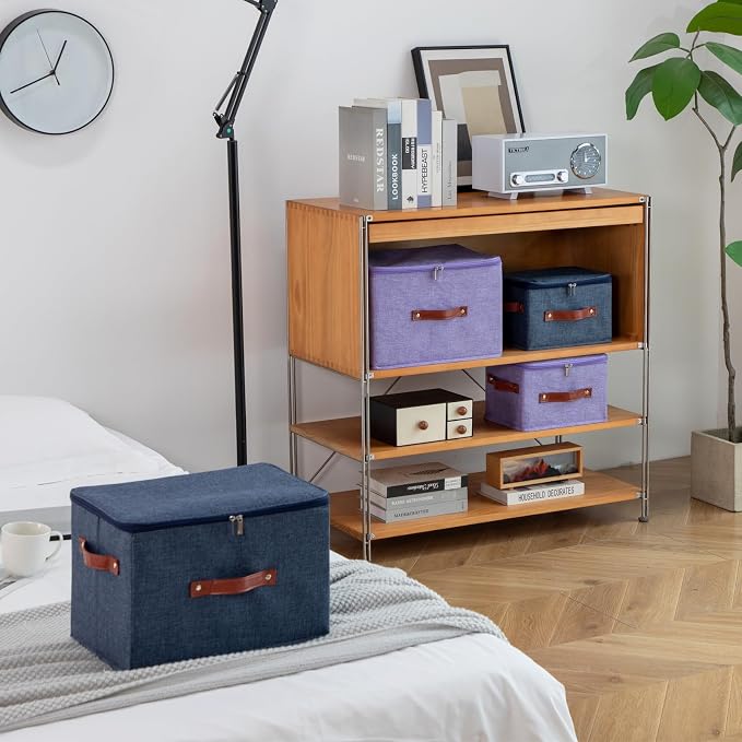 3PCS Storage Bins Boxes with Zippered Lids Cotton Linen Fabric Decorative Basket PU Leather Handles PP Plastic Board Foldable Lidded Shelf Closet Organizer Container (Denim Blue, Large)
