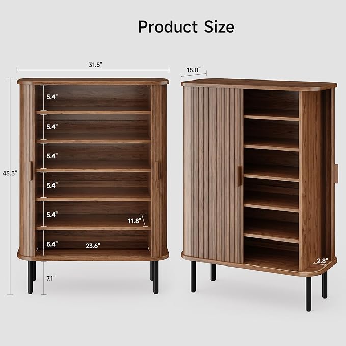 ONBRILL 6-Tier Shoe Cabinet with Sliding Door, Wooden Shoe Storage Cabinet with Adjustable Shelves, Mid-Century Modern Freestanding Shoe Storage Organizer for Entryway, Hallway, Living Room, Walnut