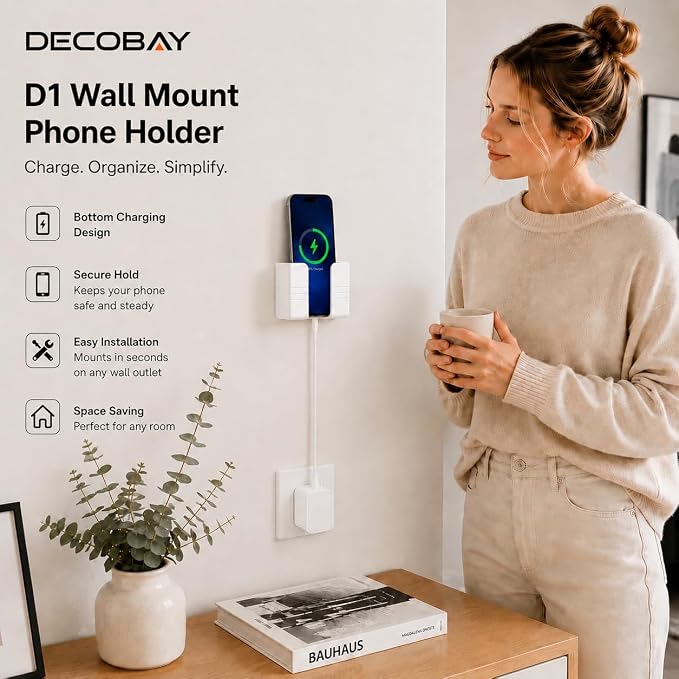 Wall Phone Holder, Adhesive Phone Wall Mount with Cable Hole, Bathroom Bedside Kitchen RV Phone Holder Compatible with iPhone, Android Phones and Remote Controls (White)