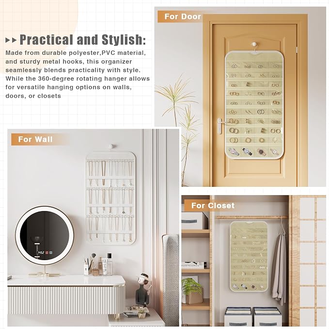 Hanging Jewelry Organizer for Necklaces Earrings, 1-Pack White and Beige | Foldable Double-Sided 36 hooks & 40 clear pockets; swivel hook fits walls, doors & rods for earrings, bracelets, rings