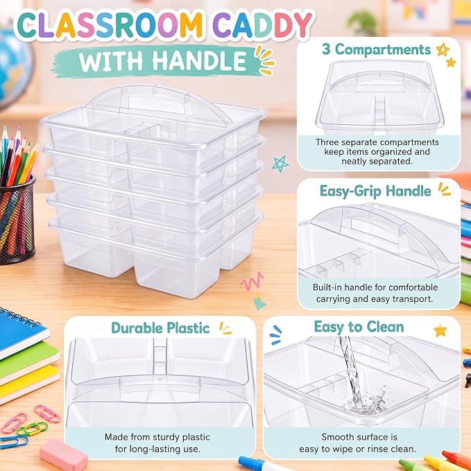 Hushee 6 Pcs Classroom Caddy Plastic Stackable Caddy Organizer with Handle 3 Compartment with 42 Label Portable Craft Basket Organization Storage for Desk Teacher Office School Supplies(Clear)
