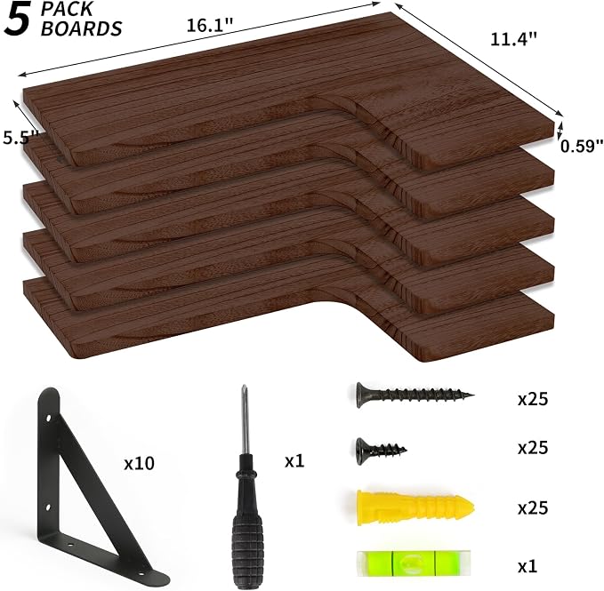 Fixwal Floating Shelves for Wall Set of 5, Rustic Wood Wall Mounted Corner Shelf for Bathroom, Kitchen, Bedroom, Home Decor, Laundry Room, Living Room (Walnut Brown)