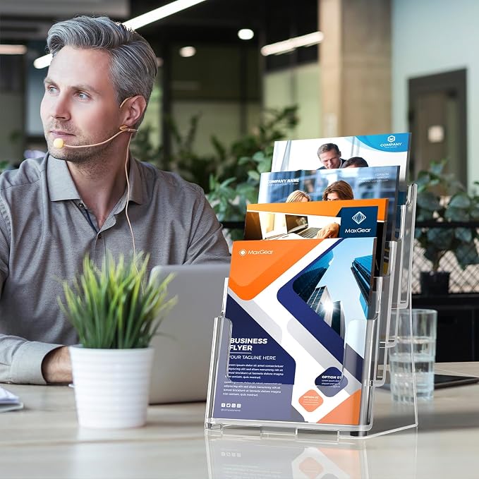 MaxGear 4 Tier Brochure Holder, 8.5 x 11, Removable Divider, 2 Pack | Clear Acrylic Material, Fits 8.5 x 11 Literature or 4 x 9 Brochures, Wall Mount or Countertop, Non Slip Slot, Polished Edges
