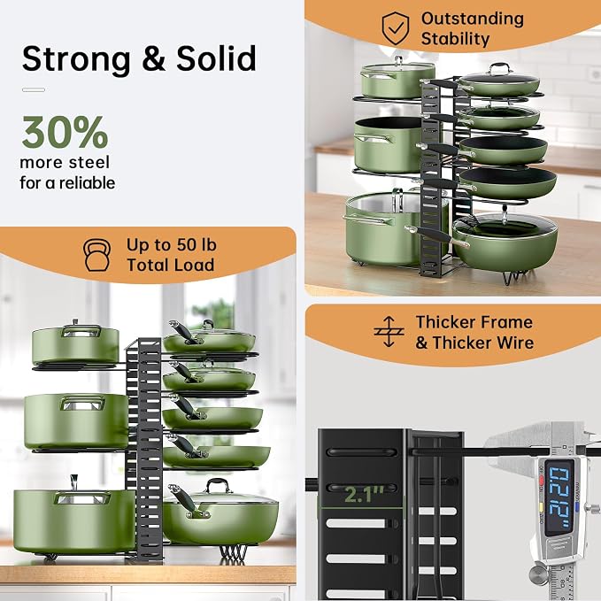 MUDEELA Pots and Pans Organizer Rack under Cabinet 8-Tiers Adjustable Pot Rack with 3 DIY Methods, Expandable 11.65'' to 19" Pot Lid Organizer for Kitchen Pantry Cabinet Organization and Storage