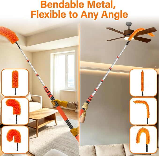 36FT High Reach Duster with Extension Pole 5-30FT, 4-in-1 Cleaning Kit with Universal Swivel Joint, High Ceiling Fan Cleaner Duster, Cobweb Duster, Microfiber Feather Duster and Window Squeegee
