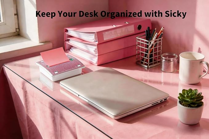 Pop up Sticky Note Holder Rhinestone Self Sticky Note Dispenser 3×3 Post it Dispenser for Pink Office Desk Accessories and Supplies,Teacher Gifts(White Pink)