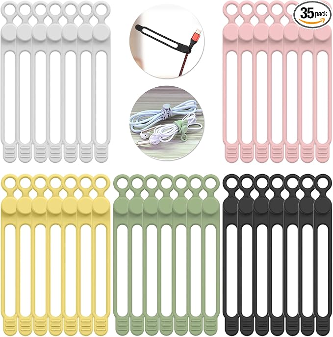 UMUST 35pcs Silicone Cable Ties,Reusable Cable Management Organizer, Wire Ties，Travel Cord Ties，Cord Organizer for Bundling Cable Cords in Home,Office,Kitchen,School(5 Colors)