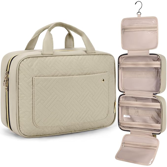 BAGSMART Toiletry Bag Travel Bag with Hanging Hook, Water-resistant Makeup Cosmetic Bag Travel Organizer for Accessories, Shampoo, Full-size Container, Toiletries (Camel, Medium)