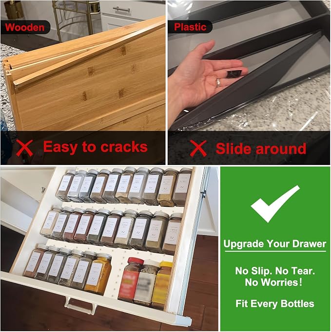 Gosmol Spice Drawer Organizer Insert - Silicone Spice Drawer Liner Pearl | Adjustable non-slip liner organizer; in-drawer spice rack for seasoning jars, spice bottles, flat kitchen drawer organizer