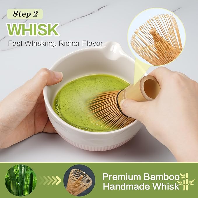 Matcha Whisk Set, 7 Pcs Ceramic Matcha Set, Includes Matcha Bowl, Matcha Whisk, Chasen Holder, Bamboo Scoop, Scoop Rest, Stainless Sifter, Tea Towel, Matcha Kit for Matcha Tea Ceremony