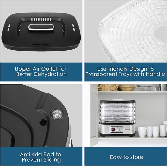 OSTBA Food Dehydrator Machine Adjustable Temperature & 72H Timer, 5-Tray Dehydrators for Food and Jerky, Fruit, Dog Treats, Herbs, Snacks, LED Display, 240W Electric Food Dryer, Recipe Book