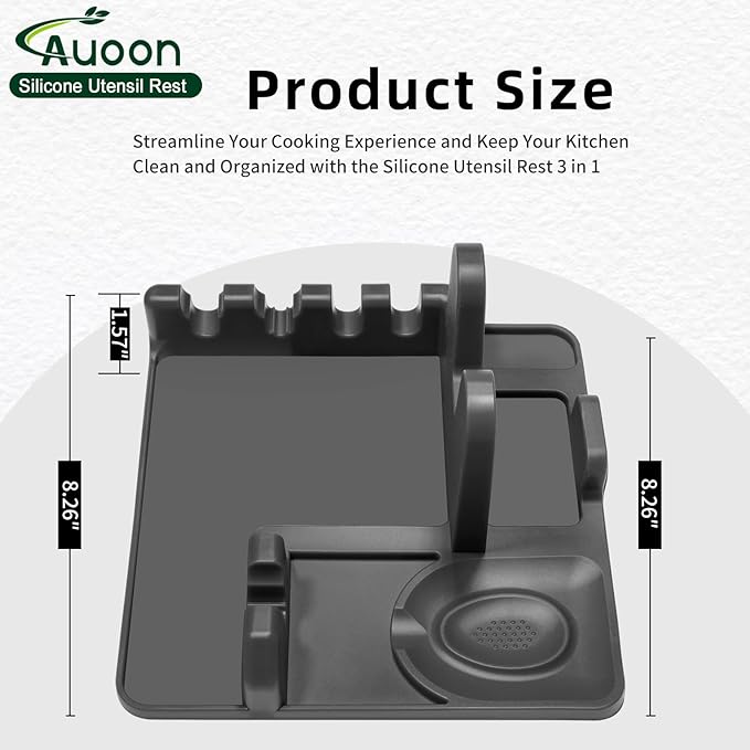 Auoon Silicone Spoon Rest with Lid Holder, 3-in-1 Kitchen Utensil Rest for Soup Ladles, Pot Lids, Spatulas, Spoons, Tongs, BPA Free & Dishwasher Safe, 8.26 x 8.06 Inch (Gray, Large)