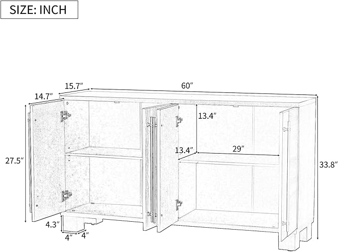 Amposei Modern Sideboard Buffet Cabinet 60-Inch Wood Credenza Console Storage Cabinet Dining Table with 4 Doors and Adjustable Shelves for Living Room Entryway, Taupe