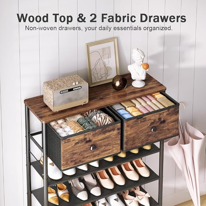 INGIORDAR 5 Tier Shoe Rack Storage Organizer with 2 Drawers MDF Board | Metal space-saving Shoe Shelf stores 20 Pairs of Shoes for Closet Entryway Bedroom Living Room Garage Black+Rustic Brown