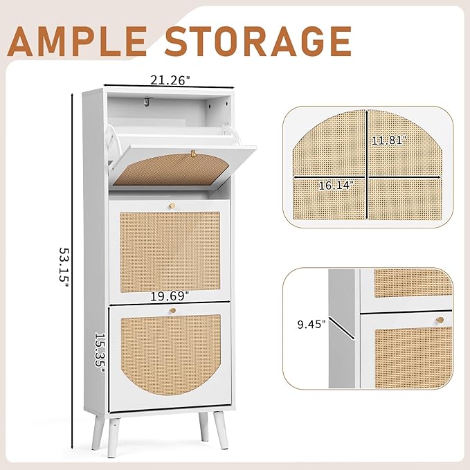 Karl home White Rattan Shoe Cabinet, 3-Tilt-Out Entryway Storage Organizer | Hidden Shoe Rack with 3 Tilt-Out Compartments for Heels, Slippers and Casual Shoes, Space Saving Entryway Furniture