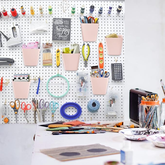 G.CORE Large Pegboard Cups Peg Board Storage Bin 6 Pack with Hooks, Square Box Shape Pegboard Cup Holder Accessories for Garage Workbench/Craft Room/Office/Playroom/Home Kitchen Organization (Pink) | Big Open-Mouth Cups, 1/8" 1/4" Pegboard Organizer Ac...
