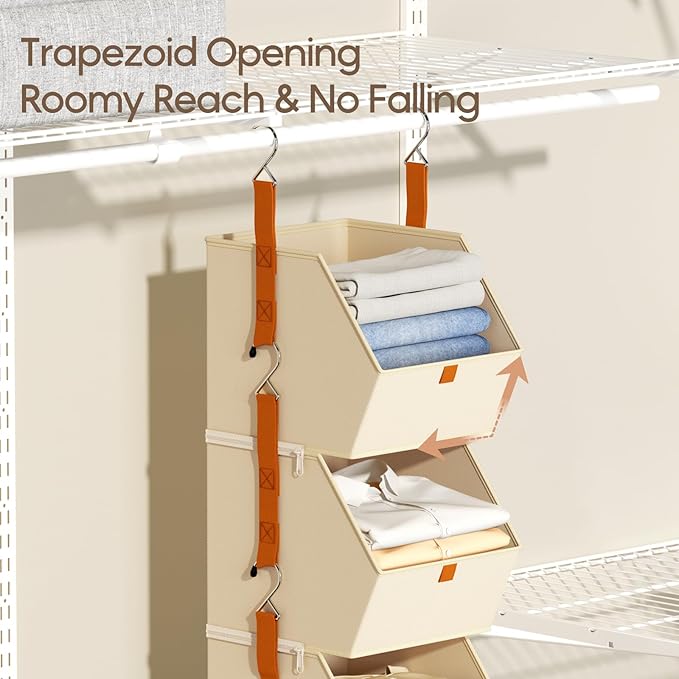 Homsorout Collapsible Hanging Closet Organizer - 3 Tier Closet Shelves Storage System with Hooks, Fabric Hanging Storage Bins for Clothes, Foldable Storage Basket for Laundry, Bedroom, Rv, Beige
