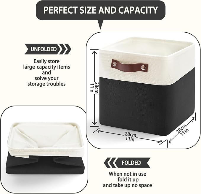Patvingot Fabric Storage Cubes 11", 6 Pack, with PU Pull Handles,Foldable | For accessories on cube shelves or in closets; reinforced opening, pull-out access, folds flat when empty,white and black