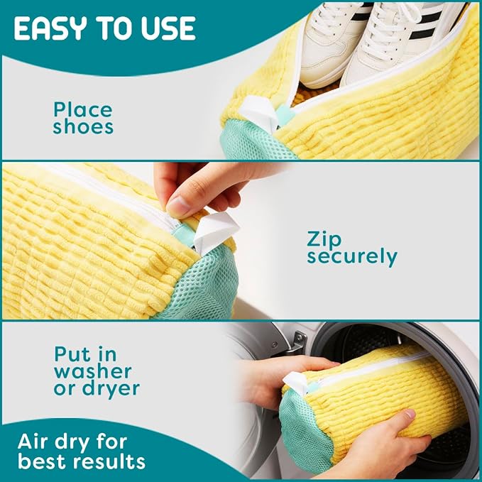 ZENO Shoe Washing Machine Bag - 2pcs - Laundry Shoe Bag for Washer and Dryer - 2pc Reusable ZENO Sneaker Cleaning Sack for All type of Tennis - Reinforced Zipper, 360° Deep Cleaning (Yellow)