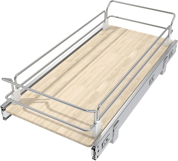 Pull Out Cabinet Organizer 10.87" W X 22" D, Wood & Chrome | Full Slide Out Drawers For Kitchen Cabinets, Cabinets Capacity Heavy Duty Caddy, Cabinet Pullout Shelves , Pantry Storage