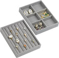 Fordonral Velvet Jewelry Organizer Box, Jewelry Drawer Organizers Trays, Earring Ring Necklace Holder Display Case (Gray, Ring+6 Grid Trays)