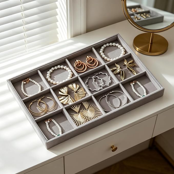 Large Stackable Jewelry Tray 4 Pack Velvet Jewelry Display Drawer Inserts Trays Organizer for Earring Bracelet Necklace Ring (Gray, 12 Grids)