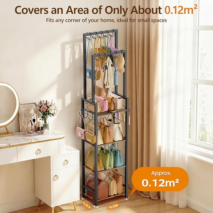 Tall Purse Organizer for Closet: 4-Tier Double Rods Purse Rack Stand,Black | With 10 Purse Hanger & 6 Side Hooks, Visible Backpack Handbag Storage, Space-Saving Narrow Purse Shelf for Small Space, Home