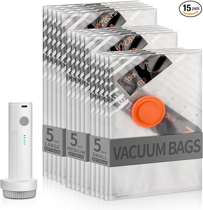 15 Pack Vacuum Storage Bags for Travel with Electric Rechargeable Pump, Vacuum Seal Compression Space Saver Bags for Clothing, Blankets, Bedding, for Travel, Moving & Home Organization (5S,5M,5L)
