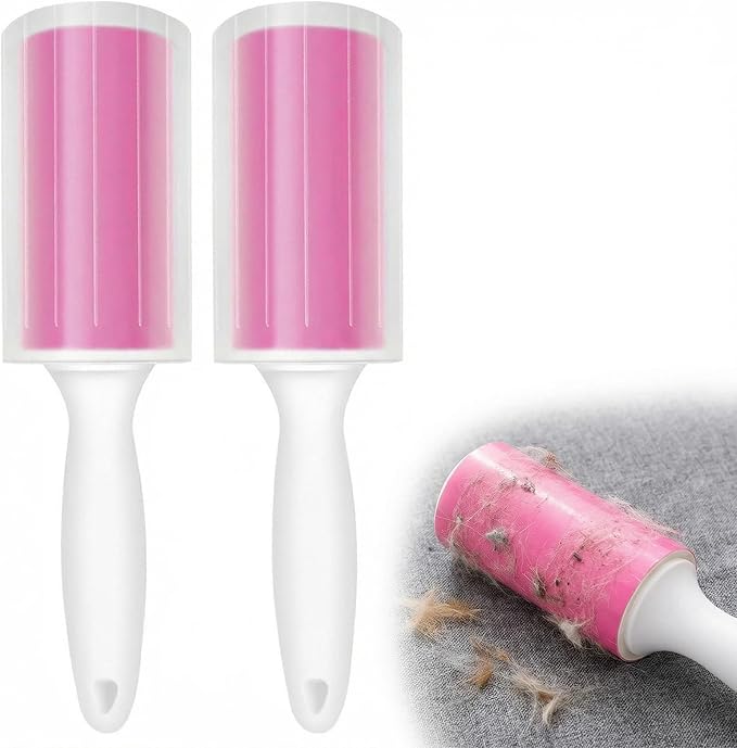 Washable Gel Lint Roller 2 Pack, Large Reusable Pet Hair Remover, Pink | Sticky Gel Surface, With Protective Covers, For Clothes & Home Use, Easy Cleaning