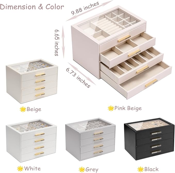 VLANDO 4-Drawer Jewelry Box with Glass Lid, Faux Leather Organizer for Rings Earrings Necklaces and More, Gift-Ready Jewelry Case for Women Girls or Moms, Grey