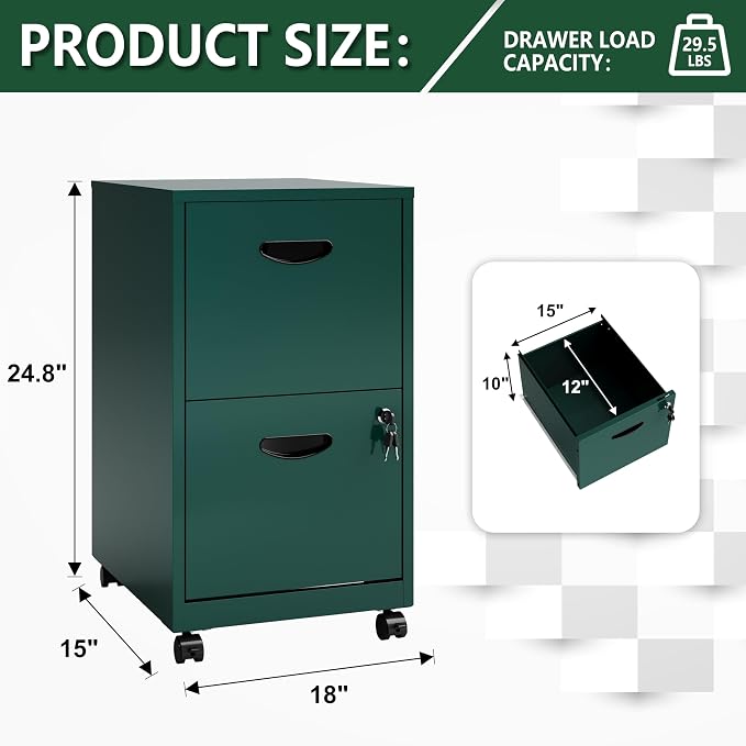 Polup 2 Drawer File Cabinet with Lock, Small Rolling Filing Cabinet for Home Office, Metal Mobile File Cabinets on Wheels, Under Desk Office Cabinets for Letter Size Folders - Assembly Required