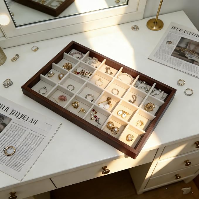 Large Jewelry Trays for Drawers Stackable Velvet Jewelry Display for Vendors Jewelry Drawer Organizer Inserts for Rings Necklace Bracelets Earrings and Studs Earrings (Beige, 24 Grid)