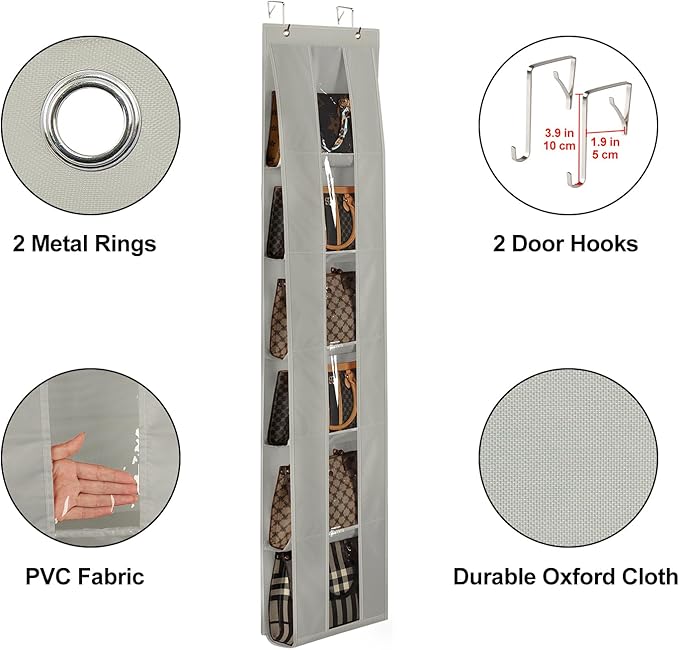 Lirex Over The Door Purse Organizer, Space-Saving Medium and Large Handbag Storage Organizer Clothing Closet Hanger, Grey