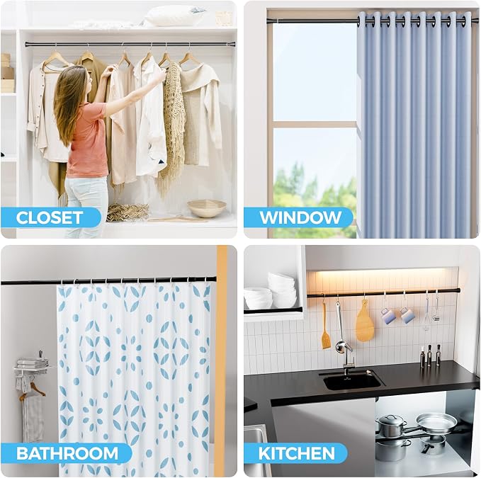 Spring Tension Rod Shower Curtain Rod 30 to 64 Inches 2PCS, Black Expandable Tension Rods for Window Wardrobe Doorway Kitchen