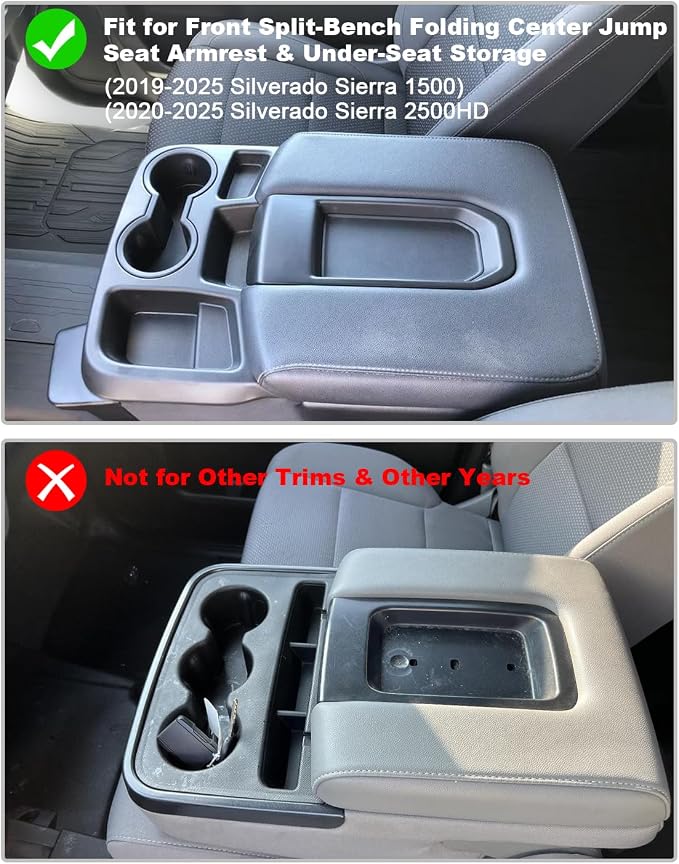 CDEFG 2PCS for Chevy Silverado Sierra Center Console Organizer for 2019-2025 2026 Chevrolet Silverado/GMC Sierra 1500/2020-2026 Silverado Sierra 2500HD 3500HD Accessory(Split-Bench Folding Seat Only)