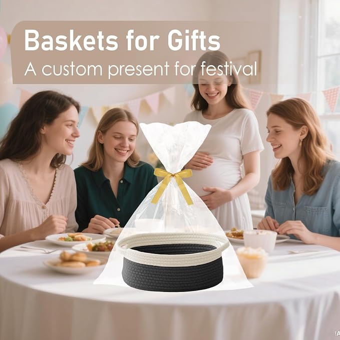 JMvicyroam Woven Basket,Small Rope Storage Bin with Handles & Ribbon Bag, Organizer for Shelves Closets,Gift Basket Empty for Birthday,Books,Dog Toys, White&Black/3 Pack