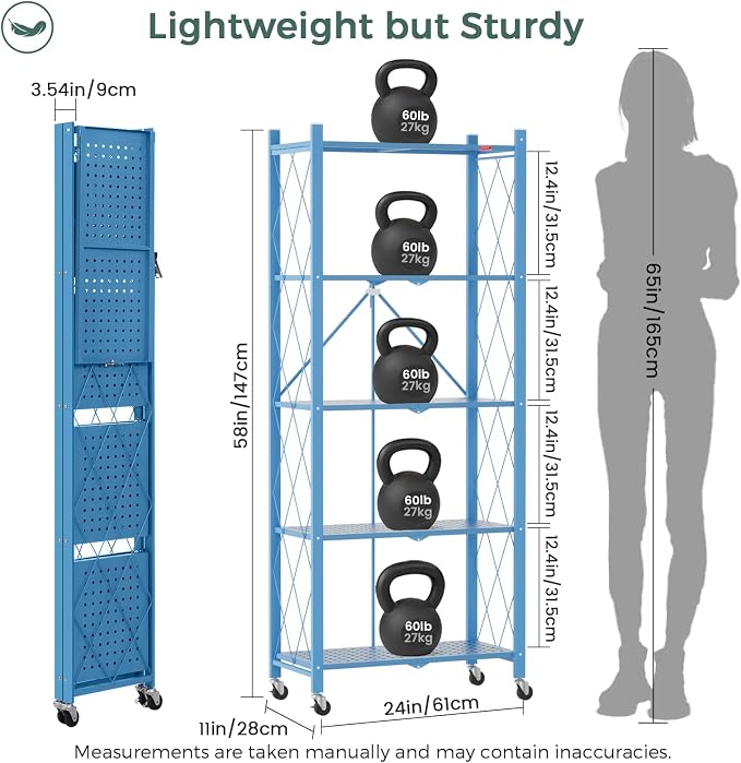 DEANIC 5-Shelf Folding Bookcase with Wheels, Heavy Duty Storage Shelves, Freestanding Metal Wire Shelving Unit for Living Room, Office, Kitchen, Basement, Pantry(Blue)