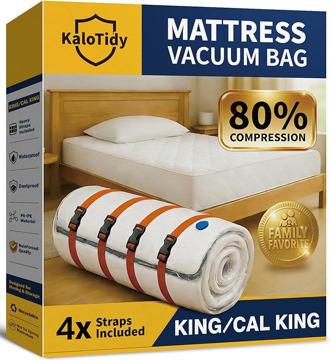 Memory Foam Mattress Vacuum Bag, Heavy-Duty Mattress Storage Bag for Moving and Transport, Mattress Compression Bag with Straps & Dual-Zip Seal (Orange Straps, King/Cal-King)