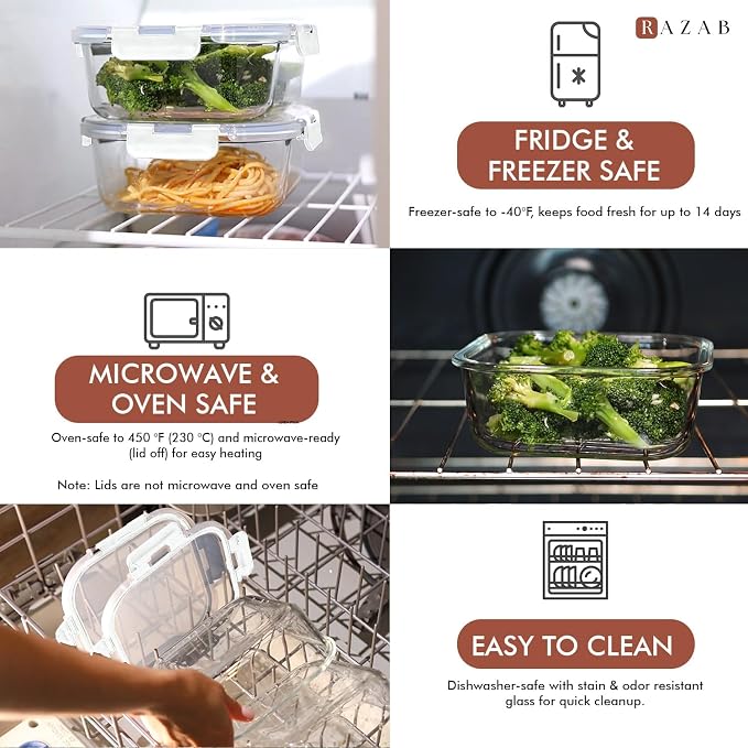Razab 2 PC 1200ML / 41 Oz Glass Food Storage Containers with Lids - Airtight & Leakproof - Microwave/Oven/Freezer Safe - BPA Free - Ideal for Meal Prep, Storing Leftover & Lunch