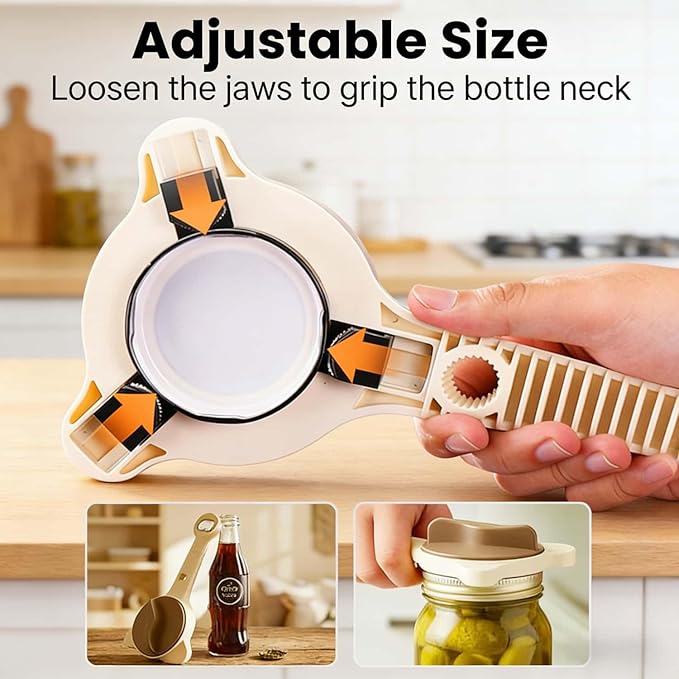 4-in-1 Jar Opener Adjustable Stainless Steel Lid Remover for Seniors and Those With Limited Strength Works, Fits Kitchen Beer, Sauces & Canned Goods（Brown）