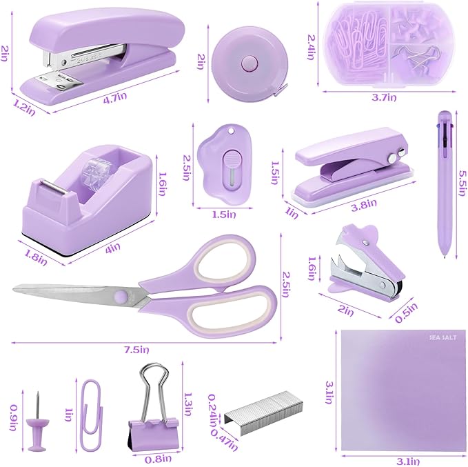 Purple Desk Accessory Kit Cute Office Supplies Set Desktop Stapler Set Includes Staple Remover Hole Punch Tape Dispenser Ballpoint Pen Scissor Mini Box Cutter Tape Measure Paper Clips Sticky Notes