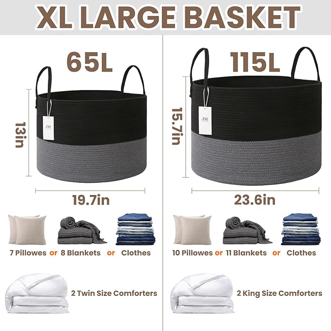 JMvicyroam 115L Extra Large Machine Washable Cotton Rope Blanket Basket | Collapsible laundry hamper, Reinforced handles, For blankets, pillows, toys and clothes, Living room and bedroom, Black&Grey