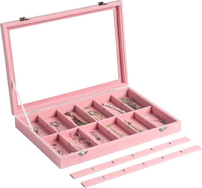 Frebeauty 24 Grid Earring Organizer,Velvet Jewelry Tray with Clear Lid | Drawer Jewelry Organizer for Rings Studs Brooch,Adjustable Divider,Dustproof Design,Earring Storage,Trinket Box,13.8×9.5Inch