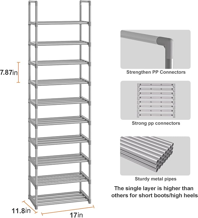OYREL 10-Tier Metal Shoe Rack, Narrow Shoe Rack Organizer, Sturdy Shoe Shelf for Closets, Entryway, Bedroom, Garage - Silver