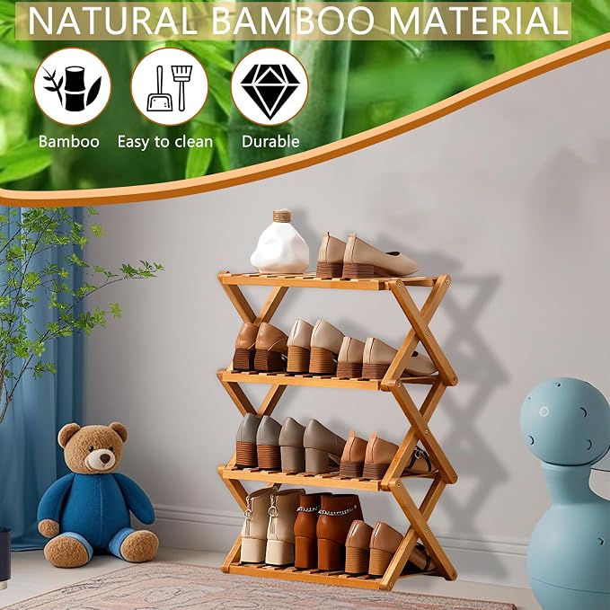 Jessie Bamboo Shoe Rack,Free Standing Shoe Rack for Closet,Portable Folding Shoe Storage Rack, Space Saving,Shoe Shelf for Bedroom Entryway Hallway Closet Living Room (Primary-4 Tier)