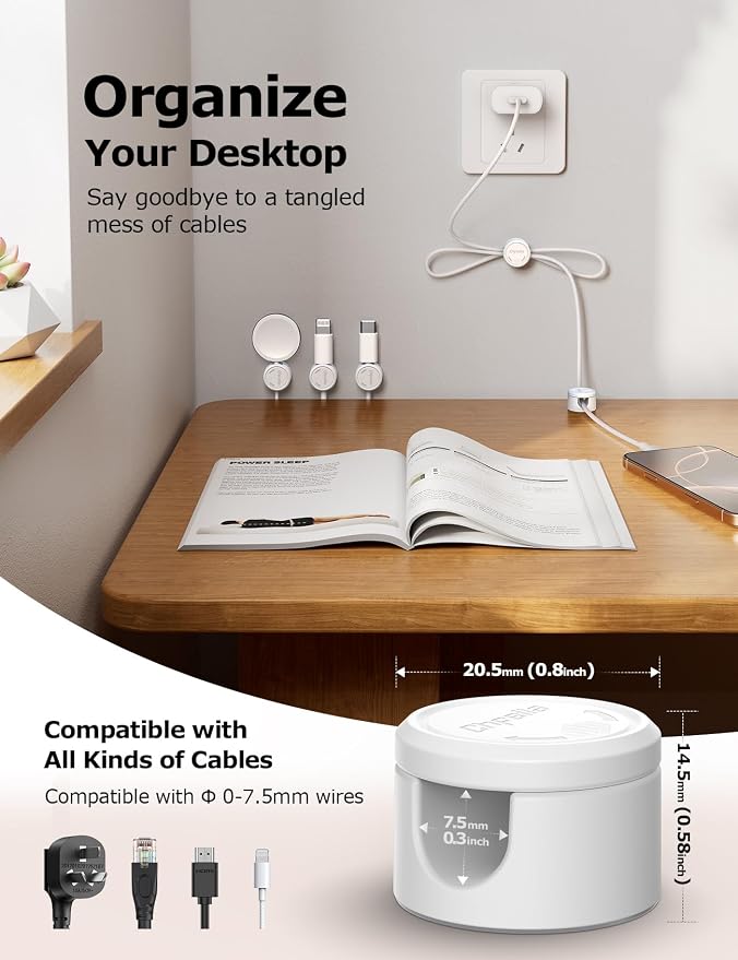 9 Pack Magnetic Cable Clips - Chfeila [Upgraded Twist-Lock] Cord Organizer, [360°Rotating Lid] Cable Management, Adhesive Wire Holder for Home Office Desk Desktop Nightstand Car Table Wall (White)