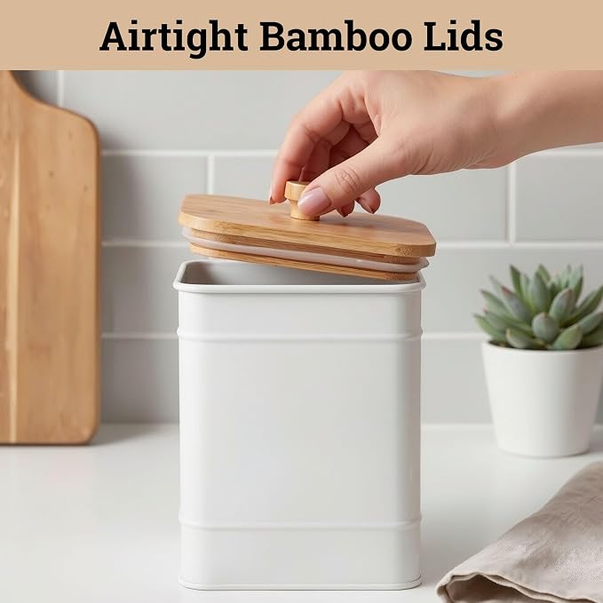 Kitchen Canisters for Countertop Set of 3 w/ Chalkboard Labels & Marker Pen | Airtight Easy Open Bamboo Lids, Dent-Resistant Thick Metal, Customizable Chalkboard Labels, Marker Pen Included, Set of 3