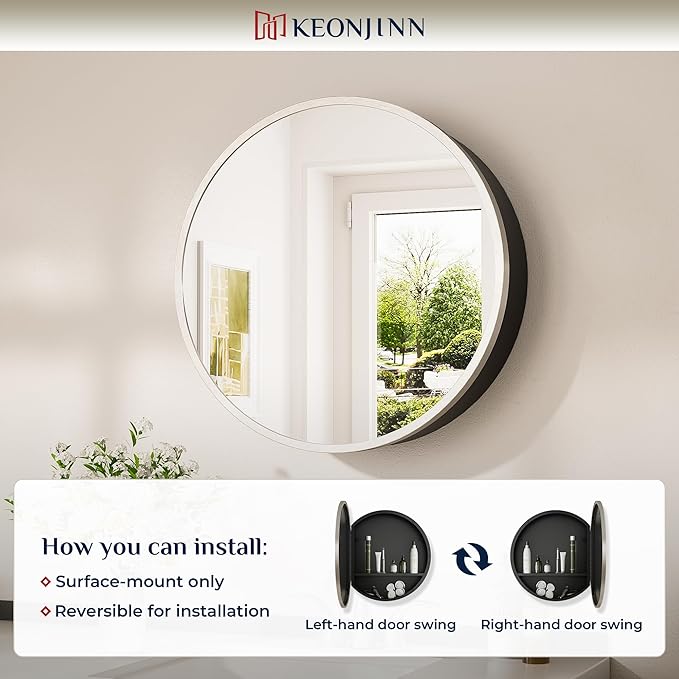 Keonjinn 28 x 28 in Round Medicine Cabinets for Bathroom, Brushed Nickel Surface Mount Medicine Cabinet, Circle Medicine Cabinet with Mirror, Adjustable Shelves Framed Bathroom Mirror with Storage