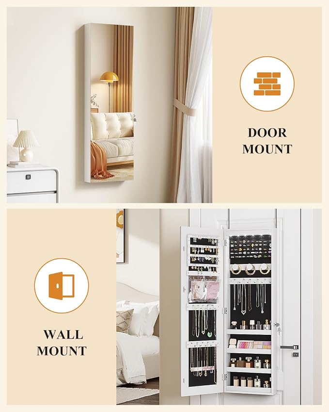 Wall Door Mounted Jewelry Cabinet 6 LED Jewelry Mirror Storage Organizer | Over the Door Jewelry Armoire Organizer, Lockable Full Length Mirror Hanging Jewelry Storage for Women (White-pro)